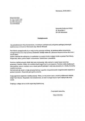 Podziękowanie dla dzielnicowej z Ursusa